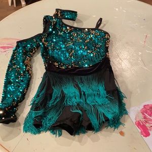 Teal and black fringe leotard
